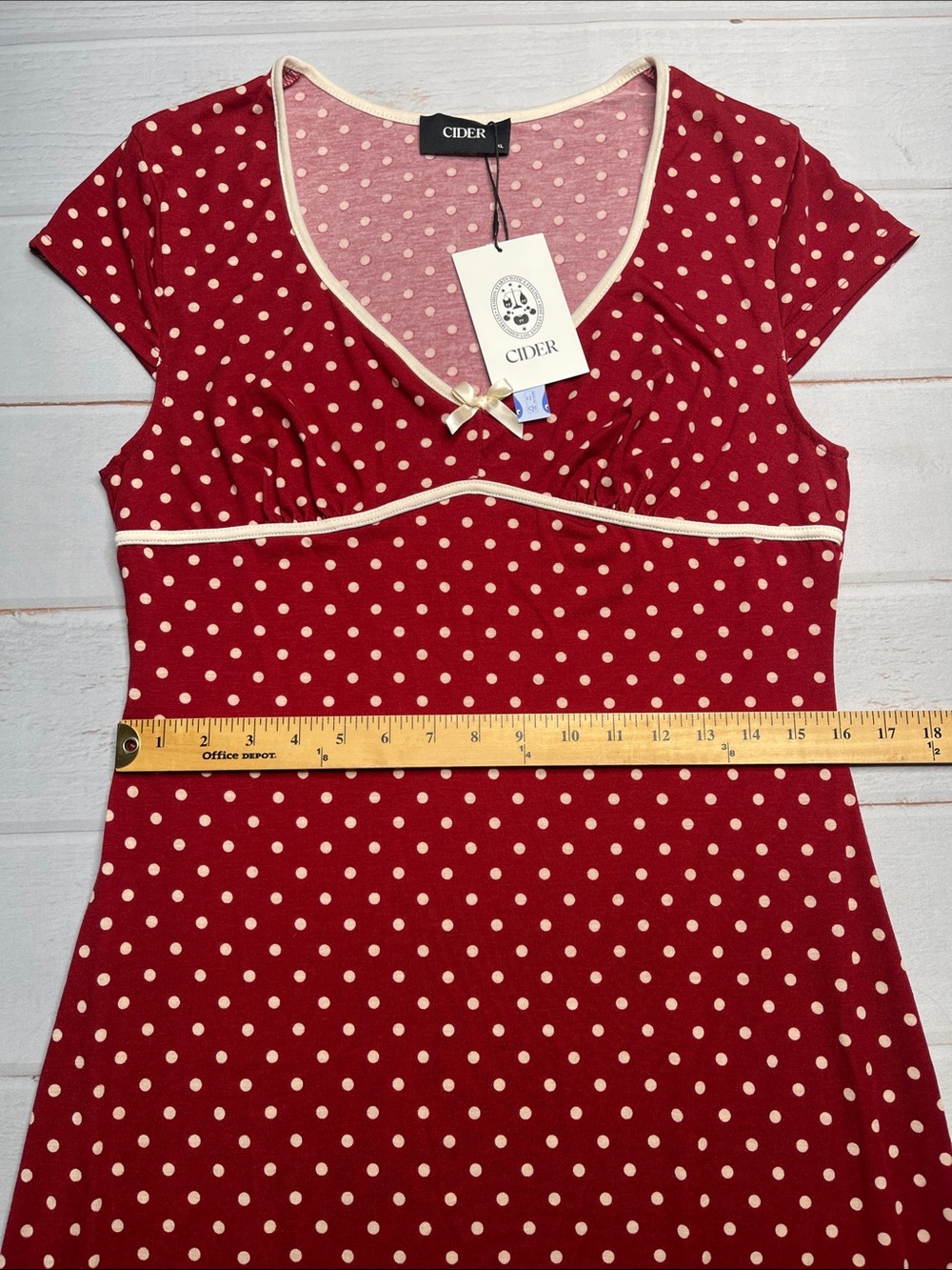 New Cider Dress XL Brick Red Polka Dots Bow Stretch Cap Sleeves V-neck Sexy NWT - Picture 10 of 14